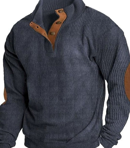 Men's Ribbed Corduroy Button-Neck Jumper Elbow Patches