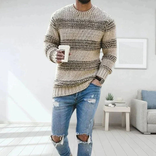 Men's Striped Crew-Neck Chunky Knitted Jumper