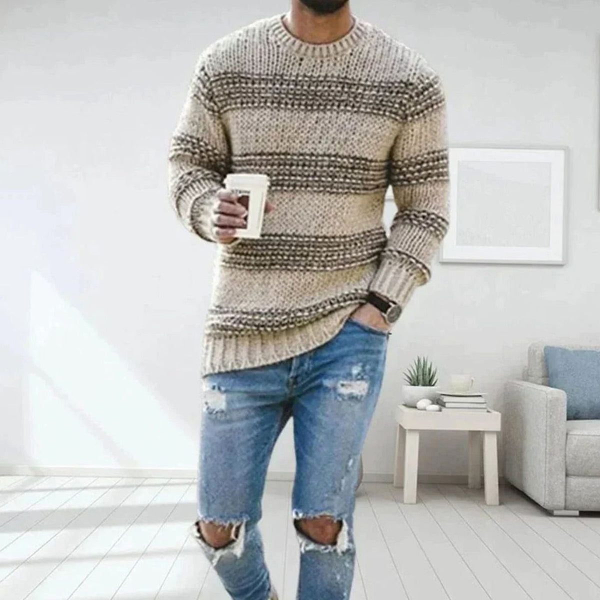 Men's Striped Crew-Neck Chunky Knitted Jumper