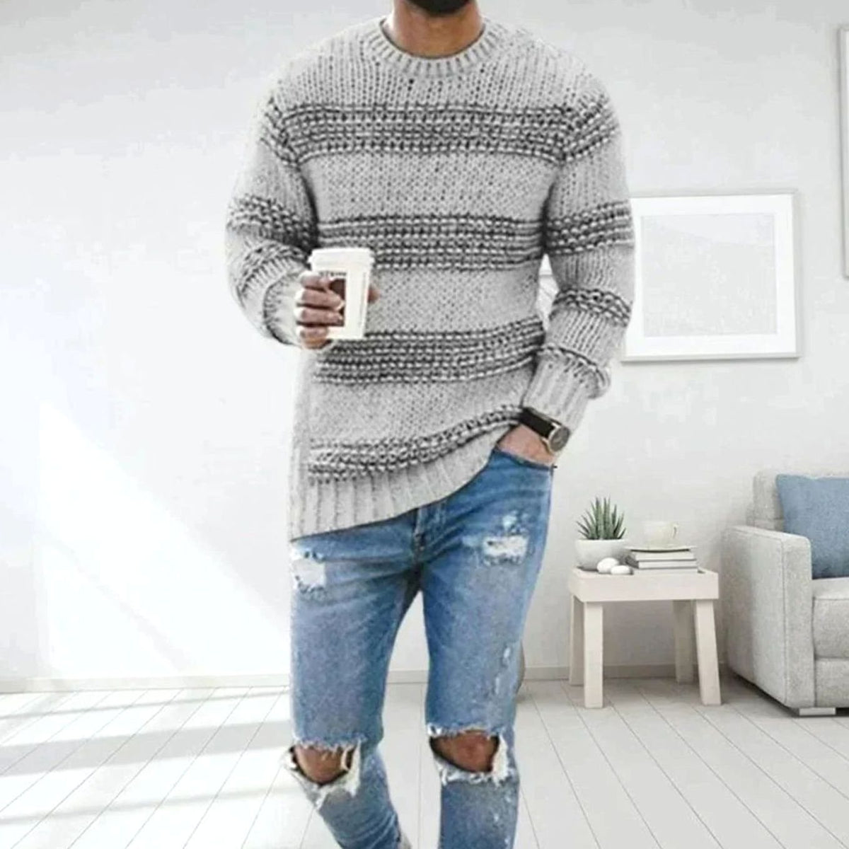 Men's Striped Crew-Neck Chunky Knitted Jumper