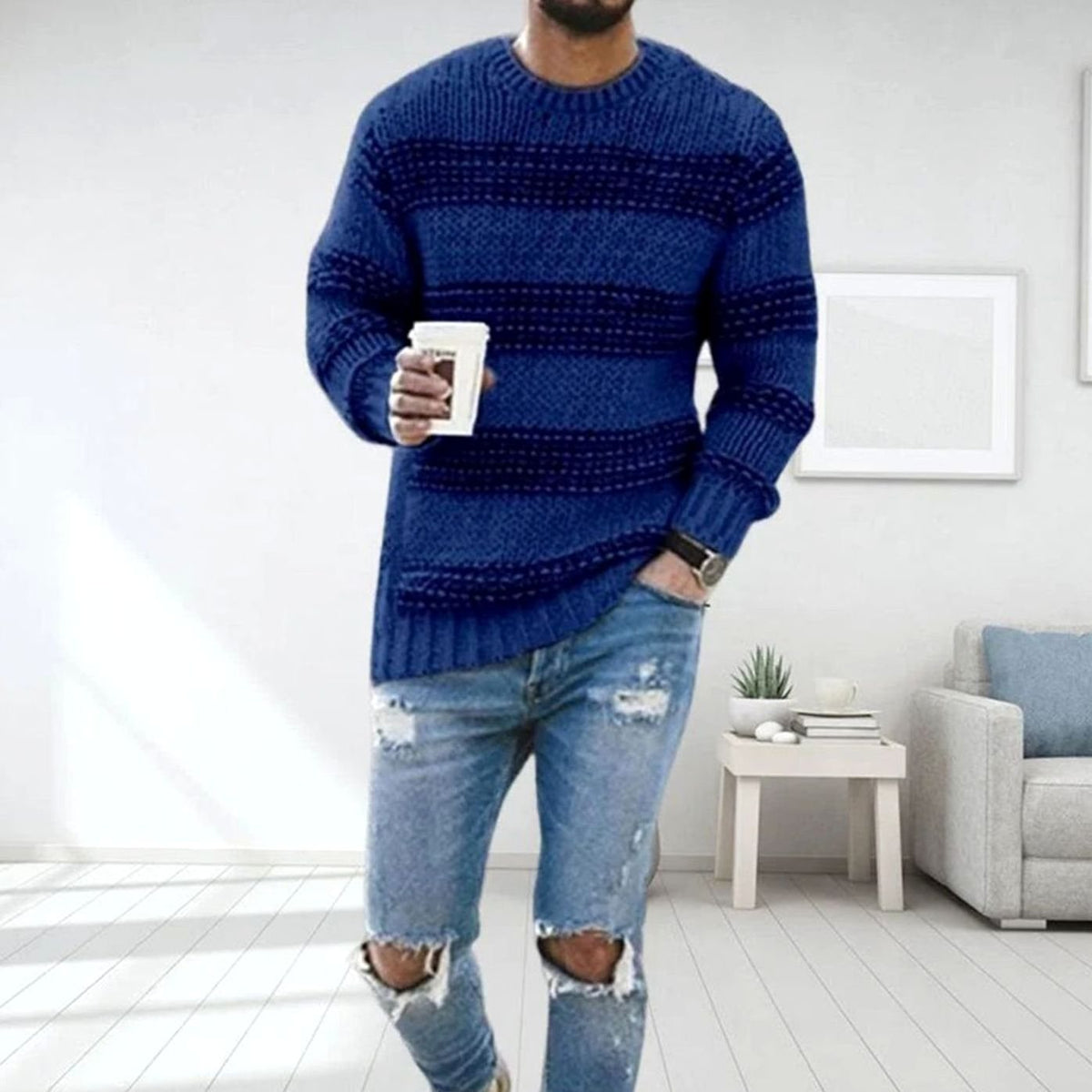 Men's Striped Crew-Neck Chunky Knitted Jumper