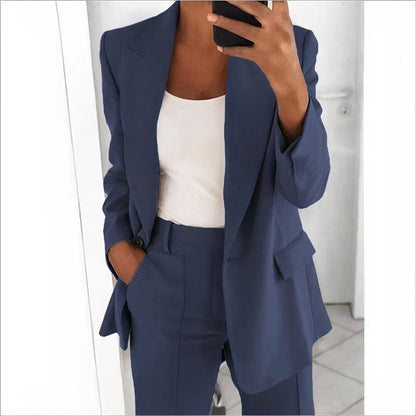 Women's Blazer and Trouser Suit Set Elastic Waist Relaxed-Fit