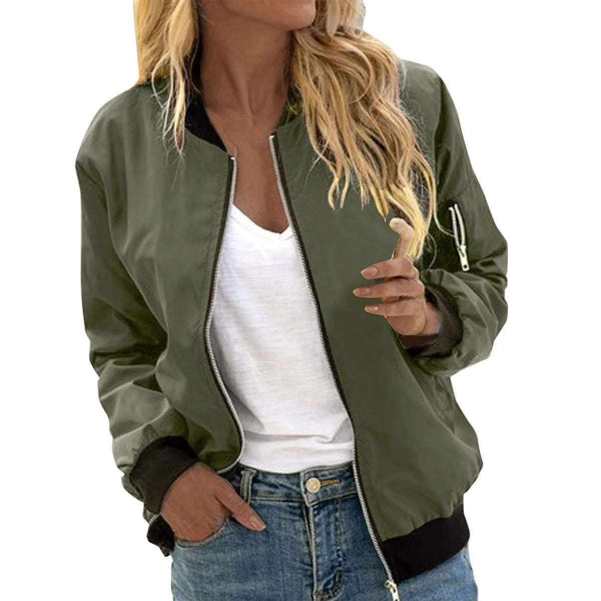 Women's Lightweight Ribbed-Trim Bomber Jacket Relaxed-Fit