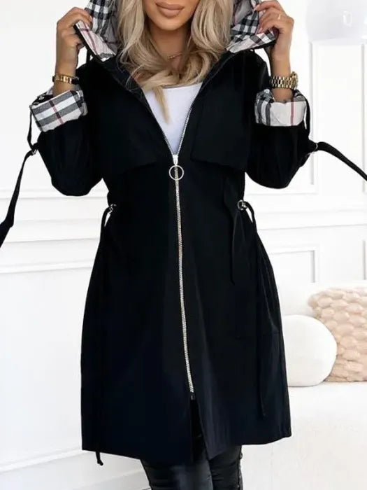 Women's Waterproof Midi Trench Coat Drawstring Waist Hooded Pockets