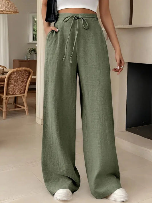 Women's Linen Drawstring Wide-Leg Trousers