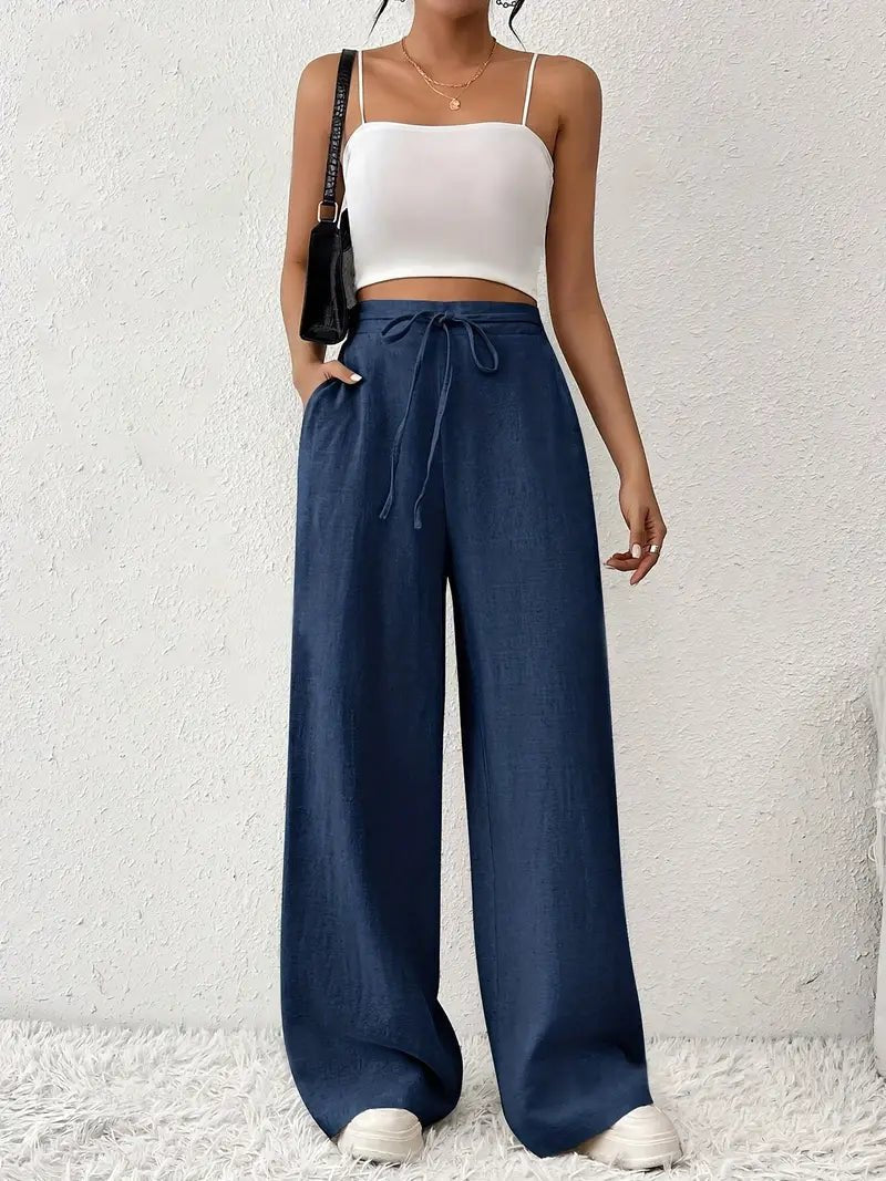Women's Linen Drawstring Wide-Leg Trousers