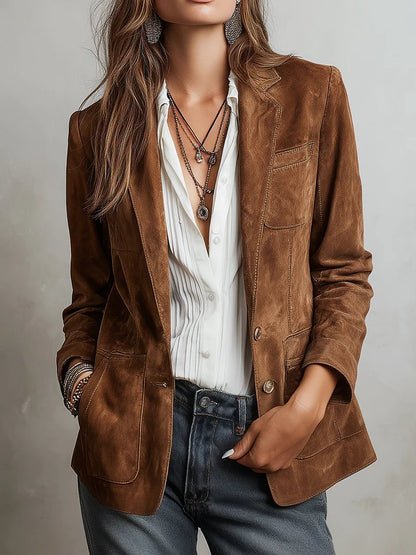 Women's Suede Long Jacket Pockets Button-Front