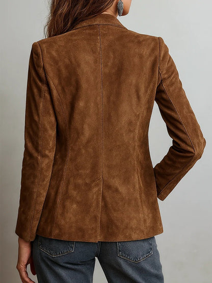 Women's Suede Long Jacket Pockets Button-Front