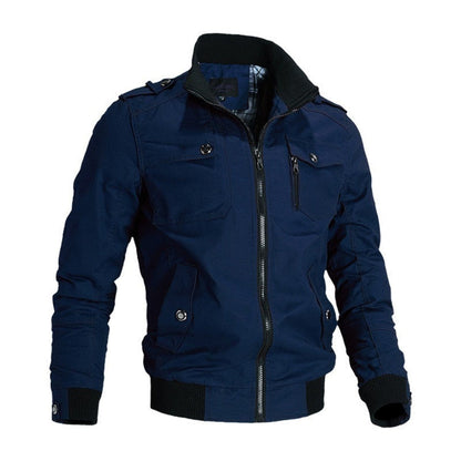 Men's Military Bomber Jacket Side Pockets Stand Collar